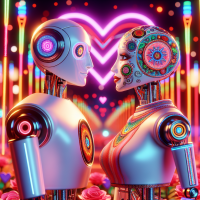 Cute AI robot couple in love on Valentine’s Day sharing