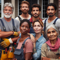 a group of workers posing outside a home they have remodeled, each worker has amazing detail in their face and are of various backgounds 