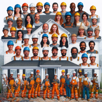 a group of 20 workers posing outside a home they have remodeled, each worker has amazing detail in their face and are of various backgounds 