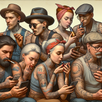 I asked AI to create images in the style of Norman Rockwell with a modern twist, with people with tattoos/peircings, texting, smoking a vape. I thought these were cool pics. Yes I know there are mistakes in them.