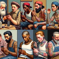 I asked AI to create images in the style of Norman Rockwell with a modern twist, with people with tattoos/peircings, texting, smoking a vape. I thought these were cool pics. Yes I know there are mistakes in them.