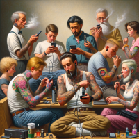 images in the style of Norman Rockwell with a modern twist, with people with tattoos/peircings, texting, smoking a vape. I thought these were cool pics. Yes I know there are mistakes in them.