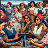 images of women in the style of Norman Rockwell with a modern twist, with people with tattoos/peircings, texting, smoking a vape. I thought these were cool pics. Yes I know there are mistakes in them.