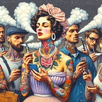 images of a women in the style of Norman Rockwell with a modern twist, with people with tattoos/peircings, texting, smoking a vape. I thought these were cool pics. Yes I know there are mistakes in them.