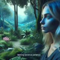  a lonely woman with blonde hair with blue eyes and look at mother nature to find calmness and patience within herself surrounded by art, trees and plants