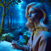  a lonely woman with blonde hair with blue eyes who loves to draw and look at mother nature to find calmness and patience within herself surrounded by art, trees and plants