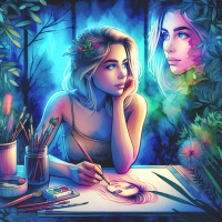 a lonely white woman in her 20's with blonde hair with blue eyes who loves to draw and look at mother nature to find calmness and patience within herself surrounded by art, trees and plants