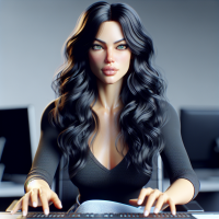(masterpiece), best quality, expressive eyes, perfect face, realistic, detailed photography, full body, beautiful woman, long black hair, green eyes, full lips, women in small short jeans,  v-neck shirt , detailed image, waving hair, huge breasts nude surgery, beautiful body, detailed hands, detailed fingers, sitting on desk, rendering, intrinsic image, high quality, cinematic definition, HD, 3D.
