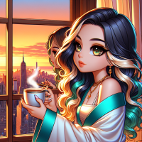 create A beautiful light skin Caucasian Chibi American woman with long black and gold curly hair, wearing a teal and white robe, enjoying a New York City Skyline serene Sunset morning by a window. She holds a steaming hot cup of tea, starring out the window. The airbrushed cartoon style captures a luxurious and vibrant moment of tranquility and elegance.