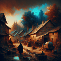 Rural poverty in the old days. I've been playing with my own invented color palette. (Brown, Black, Dark Blue and Turquoise) to create an atmosphere of rusticism and decay in a rural area somewhere in Europe in the 1800s where social despair and hopelessness often occurred!