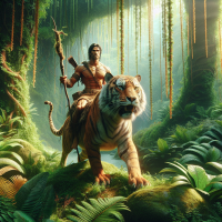 hyper realistic illustration of a tarzan like riding on a tiger in the jungle, he is wearing Tarzan like clothes