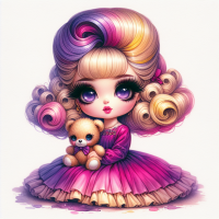 Create a romantic retro fluffy ultra soft Cartoon chibi light skinned Caucasian woman, with super super long eye lashes wearing a purple dress, a beehive hairstyle with beautiful watercolor yellow, pink, purple hair. holding a teddy bear
