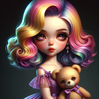 Create a romantic retro fluffy ultra soft Cartoon chibi light skinned Caucasian woman, with super super long eye lashes wearing a purple dress, a beehive hairstyle with beautiful watercolor yellow, pink, purple hair. holding a teddy bear