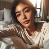 extreme closeup portrait, ( woman:1.1),(lying-on-bed), (head-on-white-pillow:1.6), (casual clothing:1.5), (bare face:1.2), (washed face:1.1), (dry face:1.2), at-morning, (sunlight-through-window:1.6), (bedroom-setting:1.5)