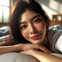 extreme closeup portrait, ( woman:1.1),(lying-on-bed), (head-on-white-pillow:1.6), (casual clothing:1.5), (bare face:1.2), (washed face:1.1), (dry face:1.2), at-morning, (sunlight-through-window:1.6), (bedroom-setting:1.5)