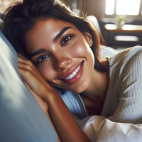 extreme closeup portrait, ( woman:1.1),(lying-on-bed), (head-on-white-pillow:1.1), (casual clothing:1.5), (bare face:1.2), (washed face:1.1), (dry face:1.2), at-morning, (sunlight-through-window:1.6), (bedroom-setting:1.5)