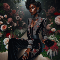 A professional,vivid,high-res, HD photograph, shot in HDR, with a 75:128 AR,& a dramatic,wide-angle perspective. The subject,is a stunning,African model,posing elegantly ,among flowers,in lush garden,wearing a (insert hairstyle) dressed in an elegant, high-fashion, beaded, (lacy,) jewel encrusted, embroidered,corseted/cinched jumpsuit,with red, white & black detail. Natural makeup, velvet purse, exotic jewelry& sexy heels complete the look