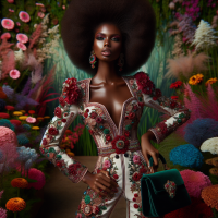 A professional,vivid,high-res, HD photograph, shot in HDR, with a 75:128 AR,& a dramatic,wide-angle perspective. The subject,is a stunning,African model,posing elegantly ,among flowers,in lush garden,wearing a (insert hairstyle) dressed in an elegant, high-fashion, beaded, (lacy,) jewel encrusted, embroidered,corseted/cinched jumpsuit,with red, white & black detail. Natural makeup, velvet purse, exotic jewelry& sexy heels complete the look