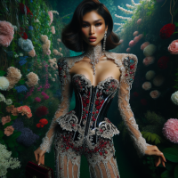 A professional,vivid,high-res, HD photograph, shot in HDR, with a 75:128 AR,& a dramatic,wide-angle perspective. The subject,is a stunning model,posing elegantly ,among flowers,in lush garden,wearing a (insert hairstyle) dressed in an elegant, high-fashion, beaded, (lacy,) jewel encrusted, embroidered,corseted/cinched jumpsuit,with red, white & black detail. Natural makeup, velvet purse, exotic jewelry& sexy heels complete the look