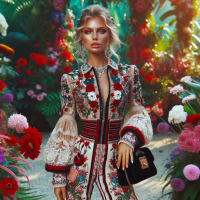 A professional,vivid,high-res, HD photograph, shot in HDR, with a 75:128 AR,& a dramatic,wide-angle perspective. The subject,is a stunning blonde model,posing elegantly ,among flowers,in lush garden,wearing a (insert hairstyle) dressed in an elegant, high-fashion, beaded, (lacy,) jewel encrusted, embroidered,corseted/cinched jumpsuit,with red, white & black detail. Natural makeup, velvet purse, exotic jewelry& sexy heels complete the look