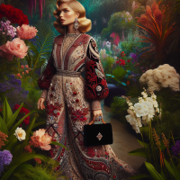 A professional,vivid,high-res, HD photograph, shot in HDR, with a 75:128 AR,& a dramatic,wide-angle perspective. The subject,is a stunning curvy blonde model,posing elegantly ,among flowers,in lush garden,wearing a (insert hairstyle) dressed in an elegant, high-fashion, beaded, (lacy,) jewel encrusted, embroidered,corseted/cinched jumpsuit,with red, white & black detail. Natural makeup, velvet purse, exotic jewelry& sexy heels complete the look
