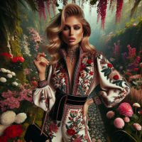 A professional,vivid,high-res, HD photograph, shot in HDR, with a 75:128 AR,& a dramatic,wide-angle perspective. The subject,is a stunning curvy blonde model,posing elegantly ,among flowers,in lush garden, wearing a  dress in an elegant, high-fashion, , (lacy,) embroidered, cinched jumpsuit,with red, white & black detail. Natural makeup, velvet purse, exotic jewelry& sexy heels complete the look