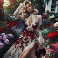 A professional,vivid,high-res, HD photograph, shot in HDR, with a 75:128 AR,& a dramatic,wide-angle perspective. The subject,is a stunning curvavious blonde model, posing elegantly ,among flowers,in lush garden, wearing a  lacy dress in an elegant, high-fashion, ,  ,red, white & black detail. Natural makeup, velvet purse, exotic jewelry& sexy heels complete the look