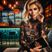 A professional,vivid,high-res, HD photograph, shot in HDR, with a 75:128 AR,& a dramatic,wide-angle perspective. The subject,is a stunning and very blonde model, posing elegantly ,in a bar,  wearing a  lace dress in black detail. perfect wedding style makeup, velvet purse, exotic jewelry& sexy heels complete the look