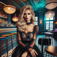 A professional,vivid,high-res, HD photograph, shot in HDR, with a 75:128 AR,& a dramatic,wide-angle perspective. The subject,is a very stunning blonde model, in a bar,  wearing a  lace dress in black detail. perfect wedding style makeup, velvet purse, exotic jewelry& sexy heels complete the look
