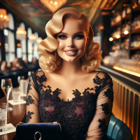 A professional,vivid,high-res, HD photograph, shot in HDR, with a 75:128 AR,& a dramatic,wide-angle perspective. The subject,is a very stunning curvy blonde model,  in a bar,  wearing a  black lace dress. perfect wedding style makeup, velvet purse, jewelry