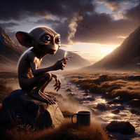 Ultra detailed.  UHD.  wide plane.  Smiling Gollum sitting on a rock next to a stream, smoking a cigarette and with a cup of coffee in his hand, as he watches the sunrise.  mountainous landscape, dawn sky, some birds flying.  dramatic lighting  scene illuminated by the reflection of sunlight