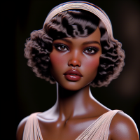 Create a 3-D realistic, African-American flapper girl from mid 1920her make up is airbrushed and flawless. Background should be 1920s