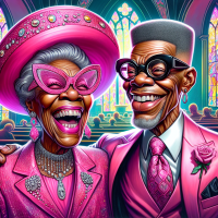 Create a caricature with exaggerated facial features, an elderly African American Women laughing with gray hair and a pink church hat with Jewels and a pink Church suit with Jewels, pink cat eye Jewel Glasses Her husband has a gray fade top haircut and a gray beard he has exaggerated facial features. He has on some black round glasses for men, He is laughing. He has on a black suit with a pink tie and a pink handkerchief. The background is a church with colorful stained glass window.