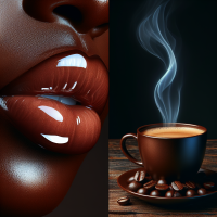 Create Glossy full lips of an African American woman , hot cup of Java, steam rising  Hi def 32k