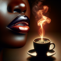 Create Glossy full lips of an African American woman , a hot cup of Java in front, steam rising  Hi def 32k