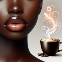 Create forward facing Glossy full lips of an African American woman , a hot cup of Java in front, steam rising  Hi def 32k