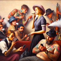 images of a women in the style of Norman Rockwell with a modern twist, with people with tattoos/peircings, texting, smoking a vape.