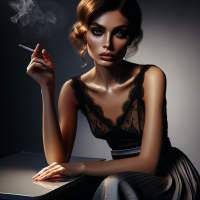 Ultra Realistic, , classy skirt, lacing black tank top, smoking a cigarette, smoke, seated on a table, crossed legs, shadows, makeup, intense gaze