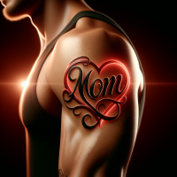 create photo quality image of mans arm with a tattoo,  the kind of a tattoo with the word mom in script inside a red heart. 