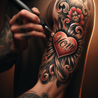 create photo quality image of mans arm with a tattoo,  the kind of a tattoo with the word mom in script inside a red heart. 