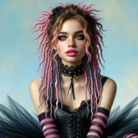 8k, hyper realistic, oil painting, of a gorgeous young woman, waist length pink dreadlocks, Caucasian, expressive blue eyes, full lips, black tutu, black and pink corset top, black and pink striped tights, platform shoes, perfect masterpiece 