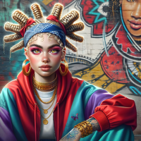 8k, hyper realistic, oil painting, of a beautiful Caucasian young woman, Bantu knots hairstyle, blonde and blue hair, expressive vibrant vivid golden eyes with long black eyelashes, pink makeup, gold jewelry, baggy blue and red sweatpants, red crop top hoodie, white and blue high top sneakers, big gold hoop earrings, tattoos, full body image, graffiti wall background 
