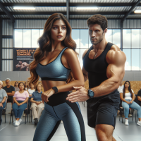 create a here image for this blog post topic: Women's Self-Defense Seminars: Beyond the Gun, include a curvy and attractive woman and a sexy man, photo realistic, HDR, 4k, 