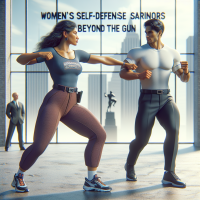 create a here image for this blog post topic: Women's Self-Defense Seminars: Beyond the Gun, include a curvy and attractive woman and a model like man, photo realistic, HDR, 4k, 