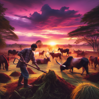 A guy working as a landscaper surrounded by livestock with horses and longhorn cows during a sunset 