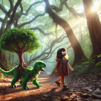  A little girl walking a tree dinosaur through a forest