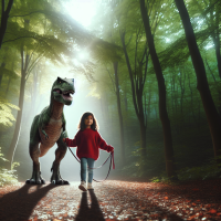  A little girl walking a t-Rex through a forest 