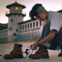 mexican barber girl with undercut working at a prison putting on her boots, handcuffs, prison tower, dawn, 