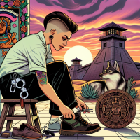 mexican barber girl with undercut working at a prison putting on her boots, handcuffs, prison tower, dawn, Aztec, wolf