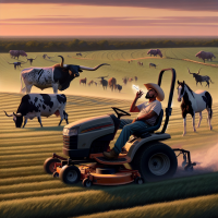 Mexican man smoking a cigarette on a zero turn mower cutting a field with long horns, horses, king ranch, sunset